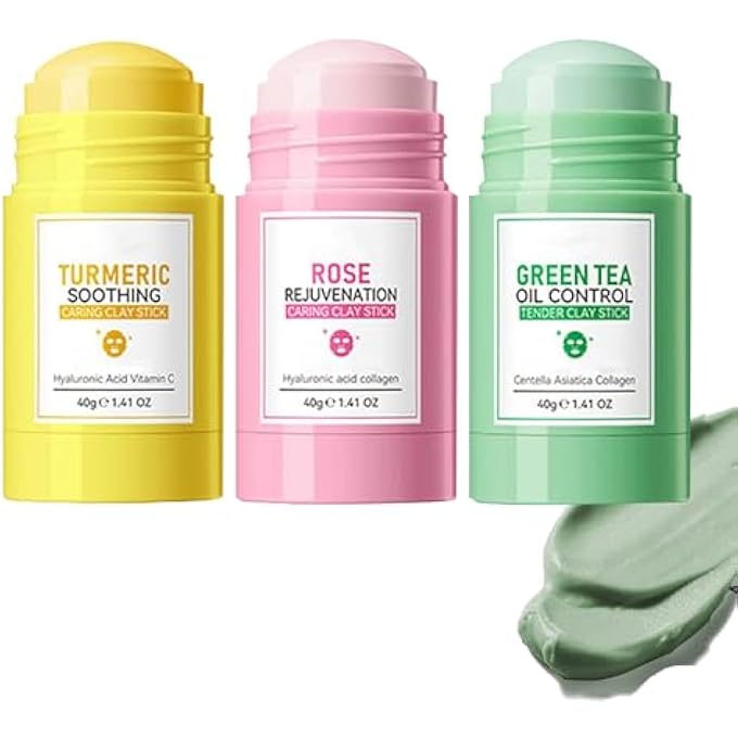 Domality 3-PIECE FACE MASK STICK SET, GREEN TEA FACE MASK, TURMERIC CLAY MASK, ROSE STICK FOR FACE, DEEP CLEANSING, REMOVES BLACKHEADS, SMOOTHS SKIN, REFINES PORES, CONTROLS OIL - Image 1